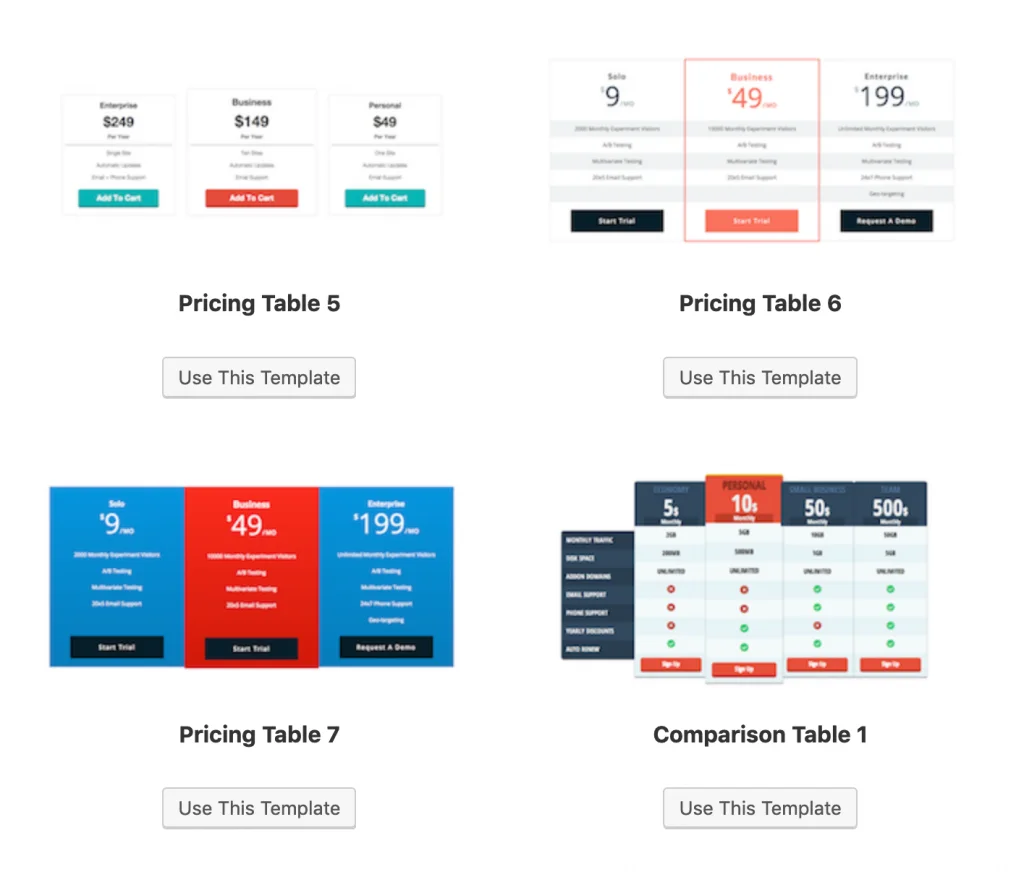 Easy Pricing Tables Pro - demo